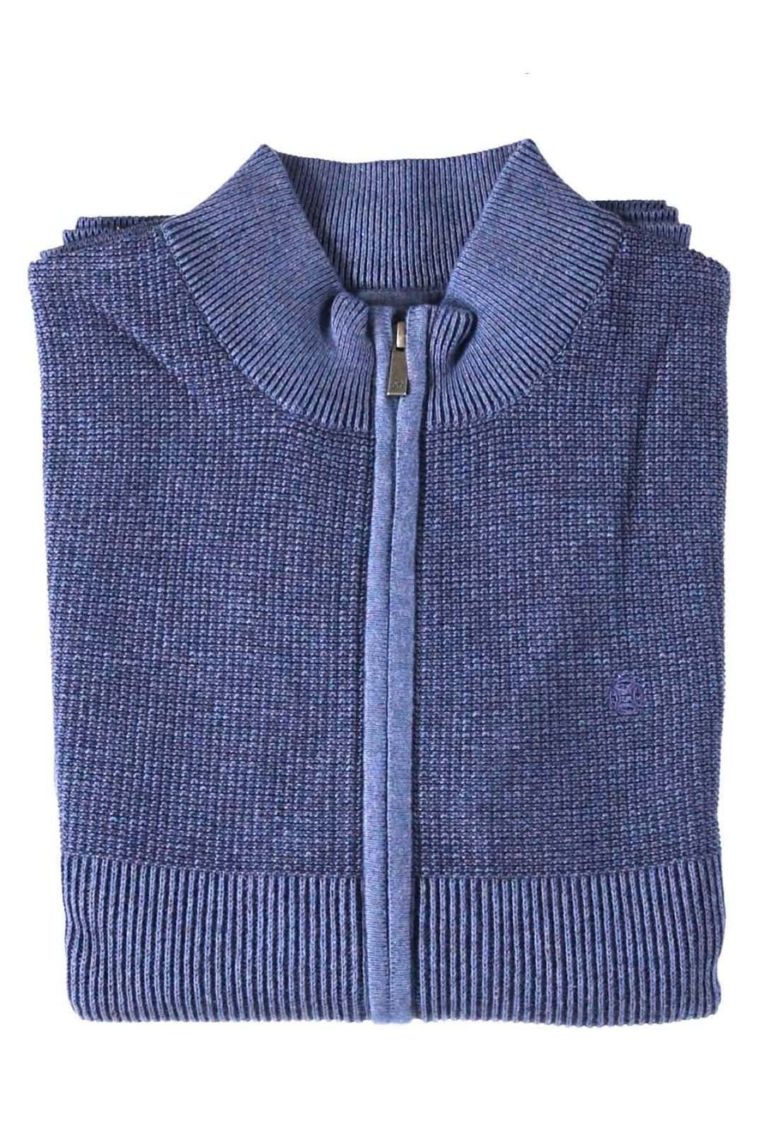 Cardigan Tuck en bleu, à col montant et fermeture zippée, parfait pour les journées fraîches.
