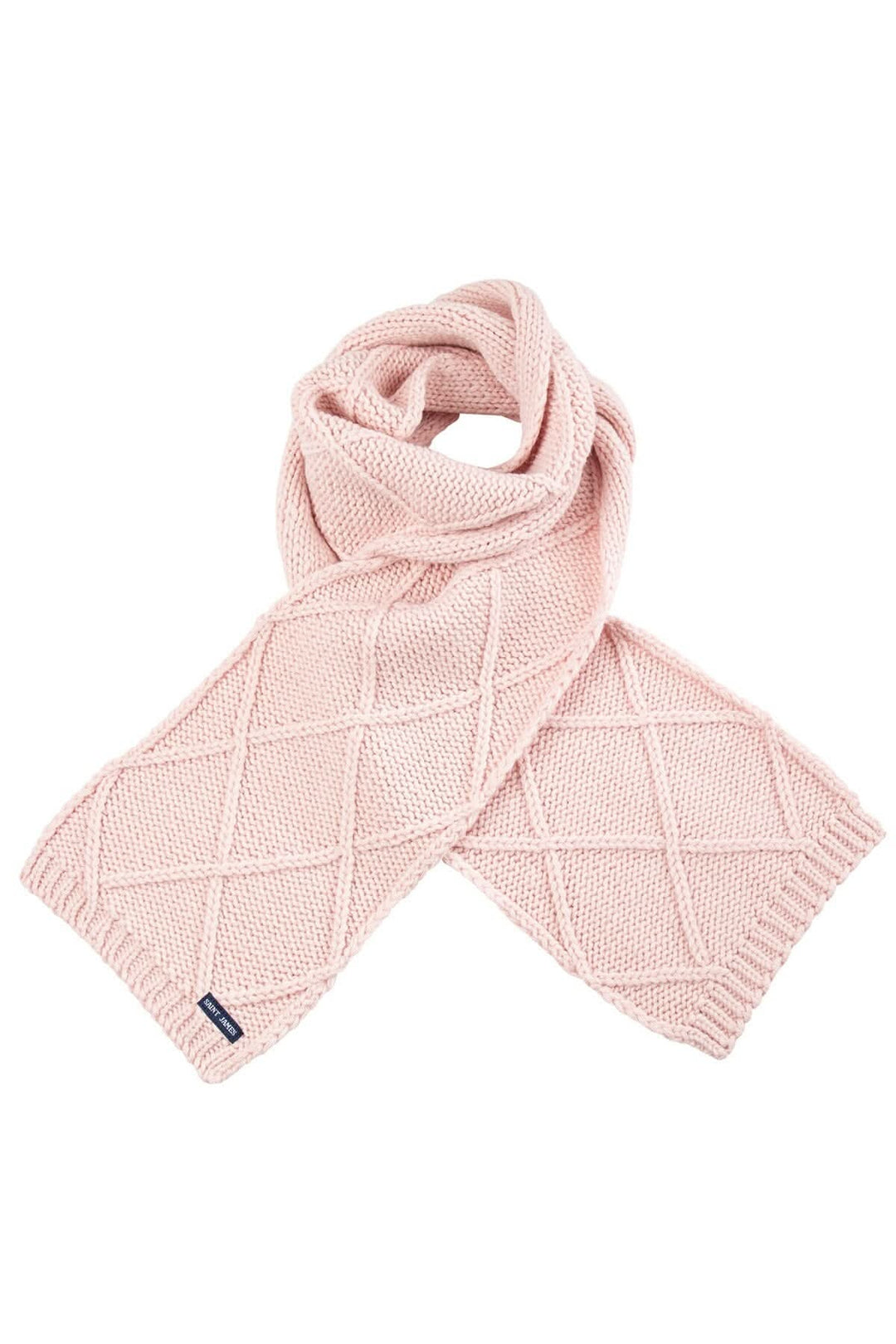 Foulard Cordillere en acrylique, laine et alpaga, mailles torsadées, couleur rose, longueur 1,80 m.
