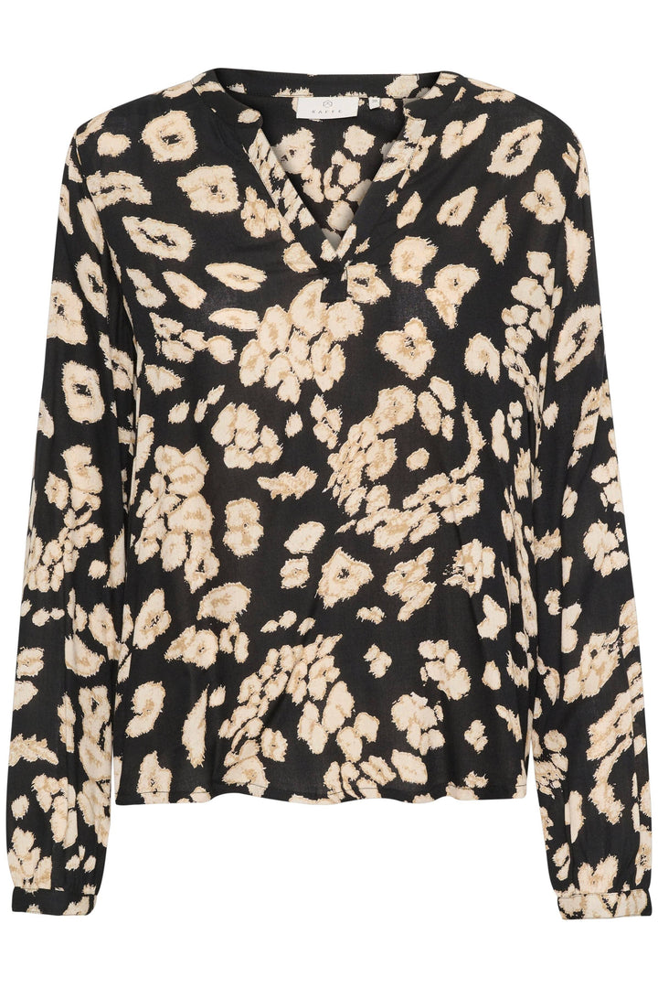Blouse Beathe en imprimé léopard, avec encolure en V et manches longues, style moderne et élégant.