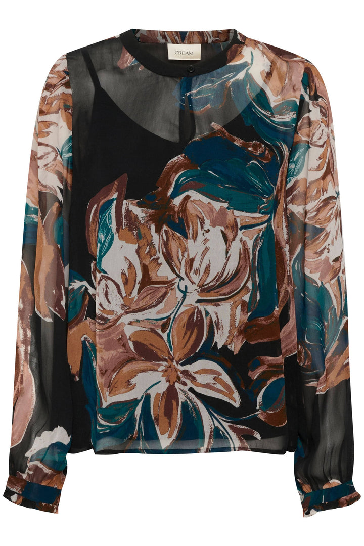 Blouse Jasmina avec imprimé floral et transparence, encolure ronde, manches longues, élégante et légère.