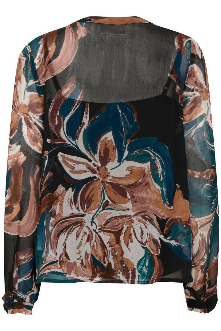 Blouse Jasmina avec imprimé floral, transparence légère et manches longues, vue arrière.
