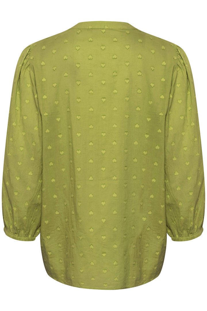 Blouse Jollia verte en coton avec manches bouffantes et motifs en forme de cœur, vue arrière.