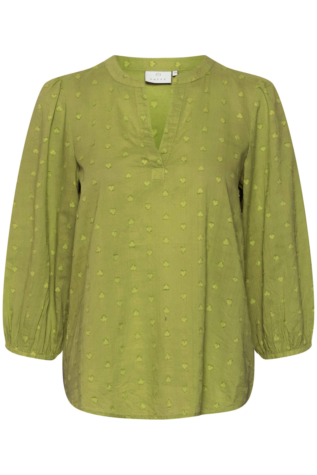 Blouse Jollia verte à manches 3/4, en coton, avec détails de couture en forme de cœur et encolure en V.