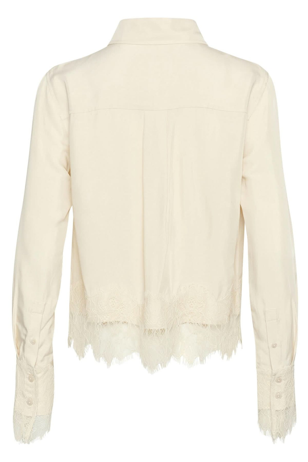 Chemise Lenina beige avec dentelle au bas, manches longues, vue arrière, élégante pour toute occasion.