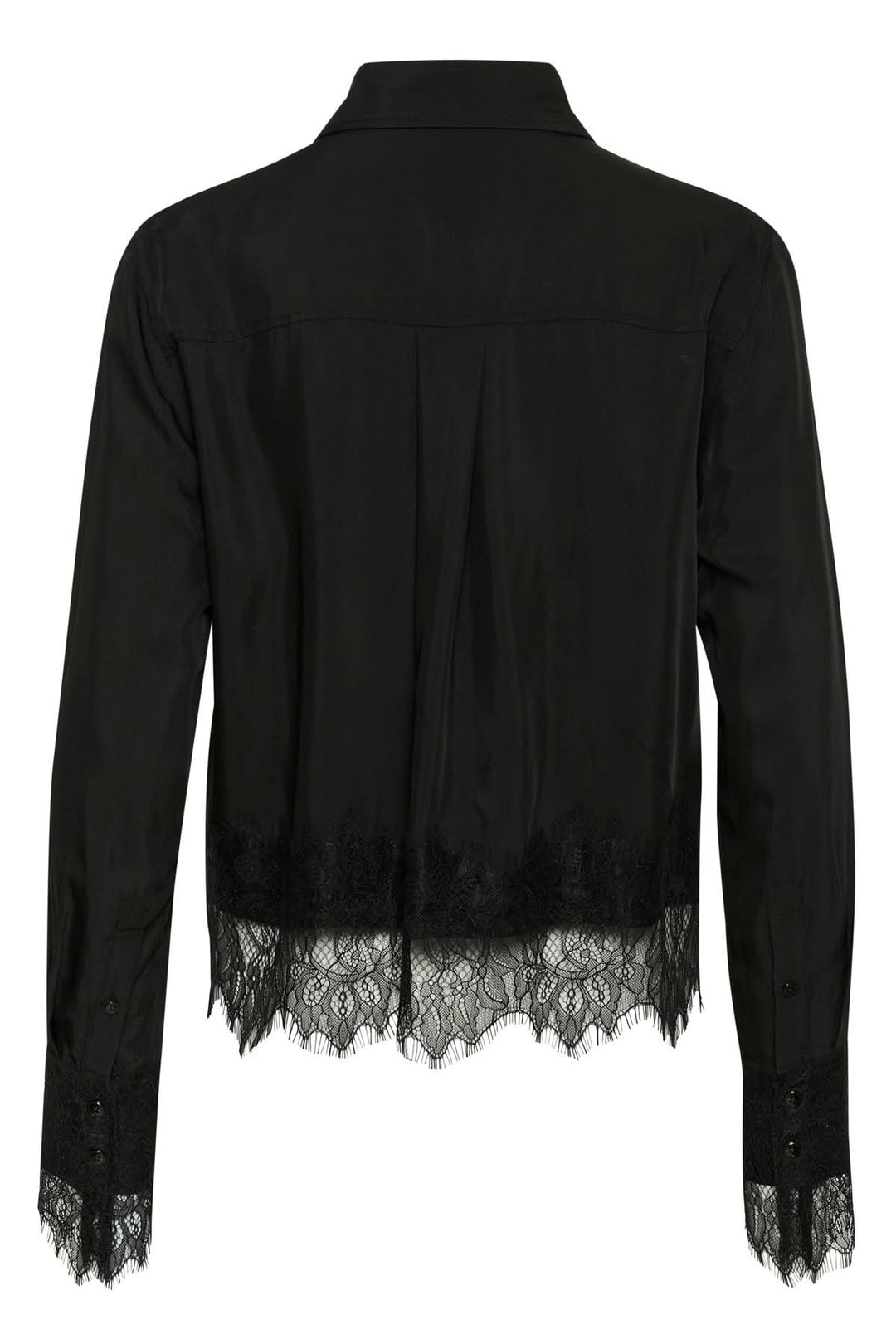 Chemise noire Lenina avec dentelle, manches longues, élégante et confortable pour toutes occasions.