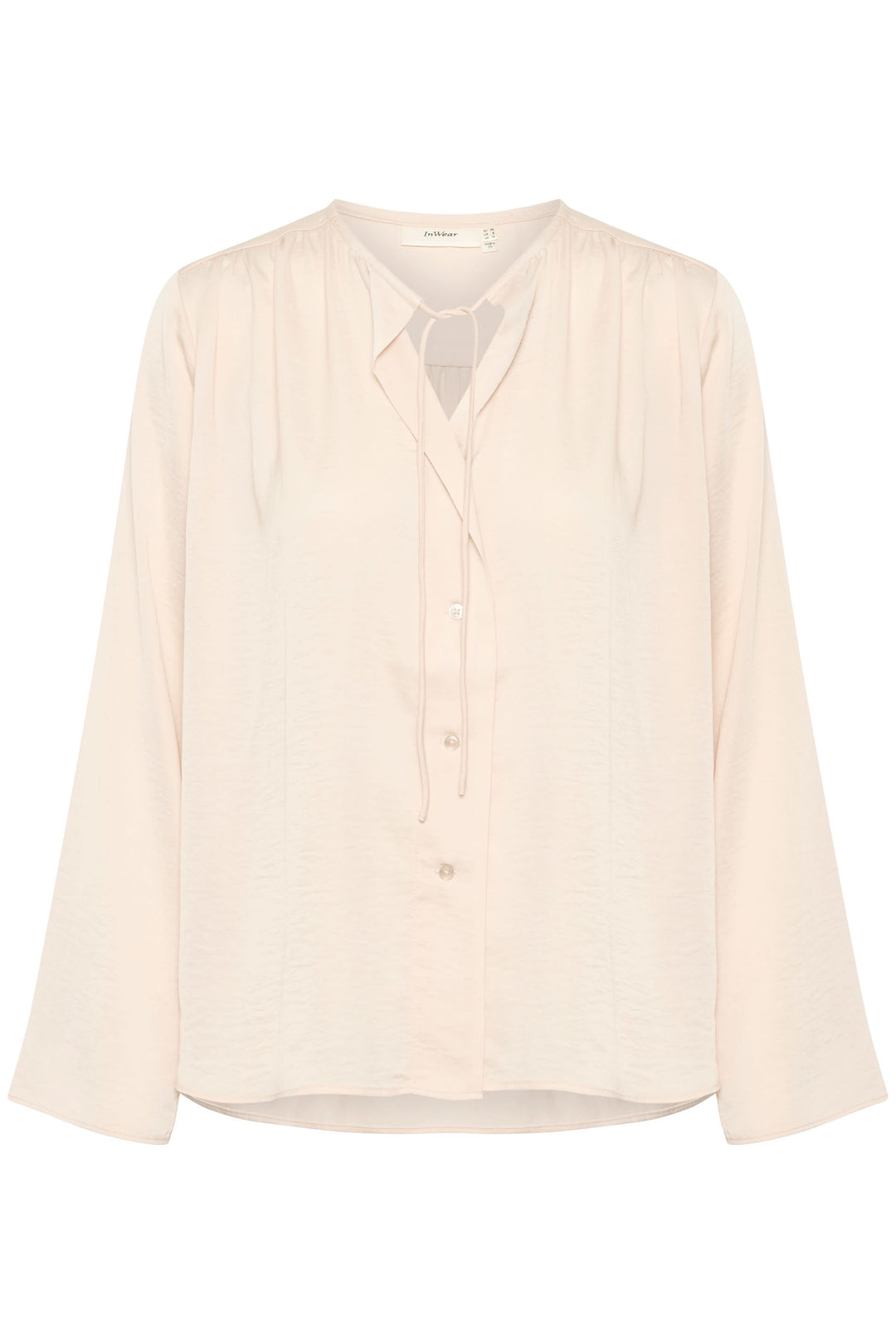 Blouse Mato en polyester recyclé, coupe classique, manches longues, encolure nouée, couleur beige clair.