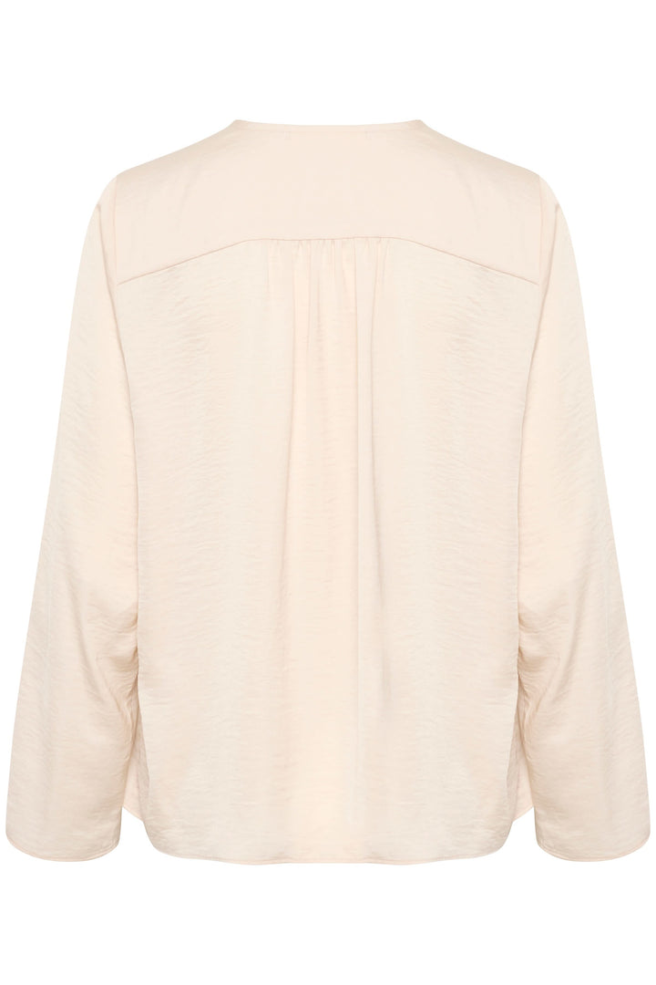 Blouse Mato beige, manches longues, coupe classique, encolure nouée, vue arrière.