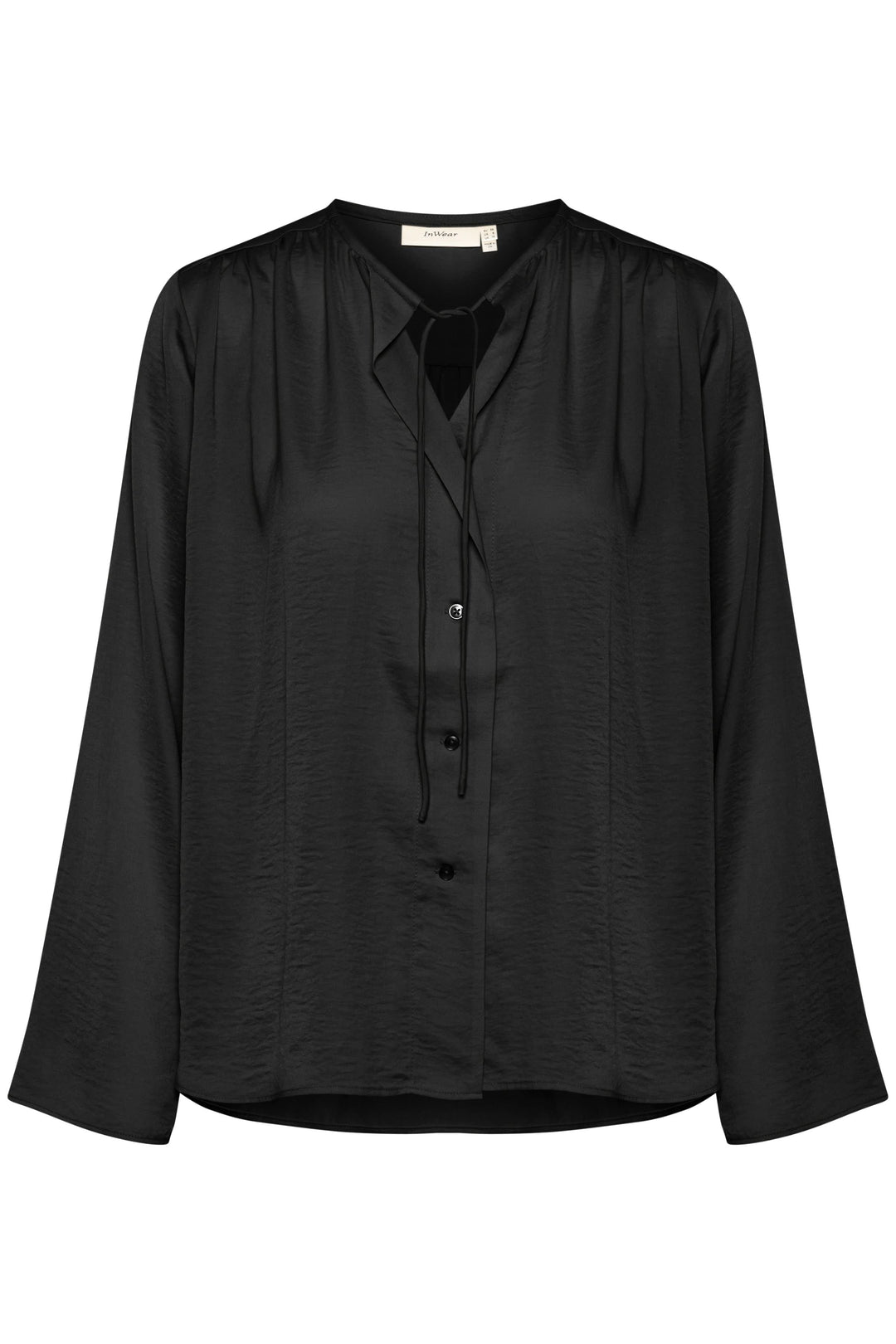 Blouse Mato noire à manches longues avec encolure nouée et boutons, parfaite pour un look chic et élégant.