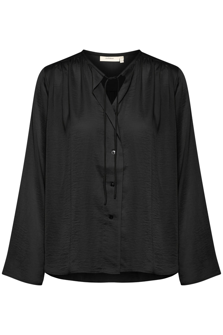 Blouse Mato noire à manches longues avec encolure nouée et boutons, parfaite pour un look chic et élégant.