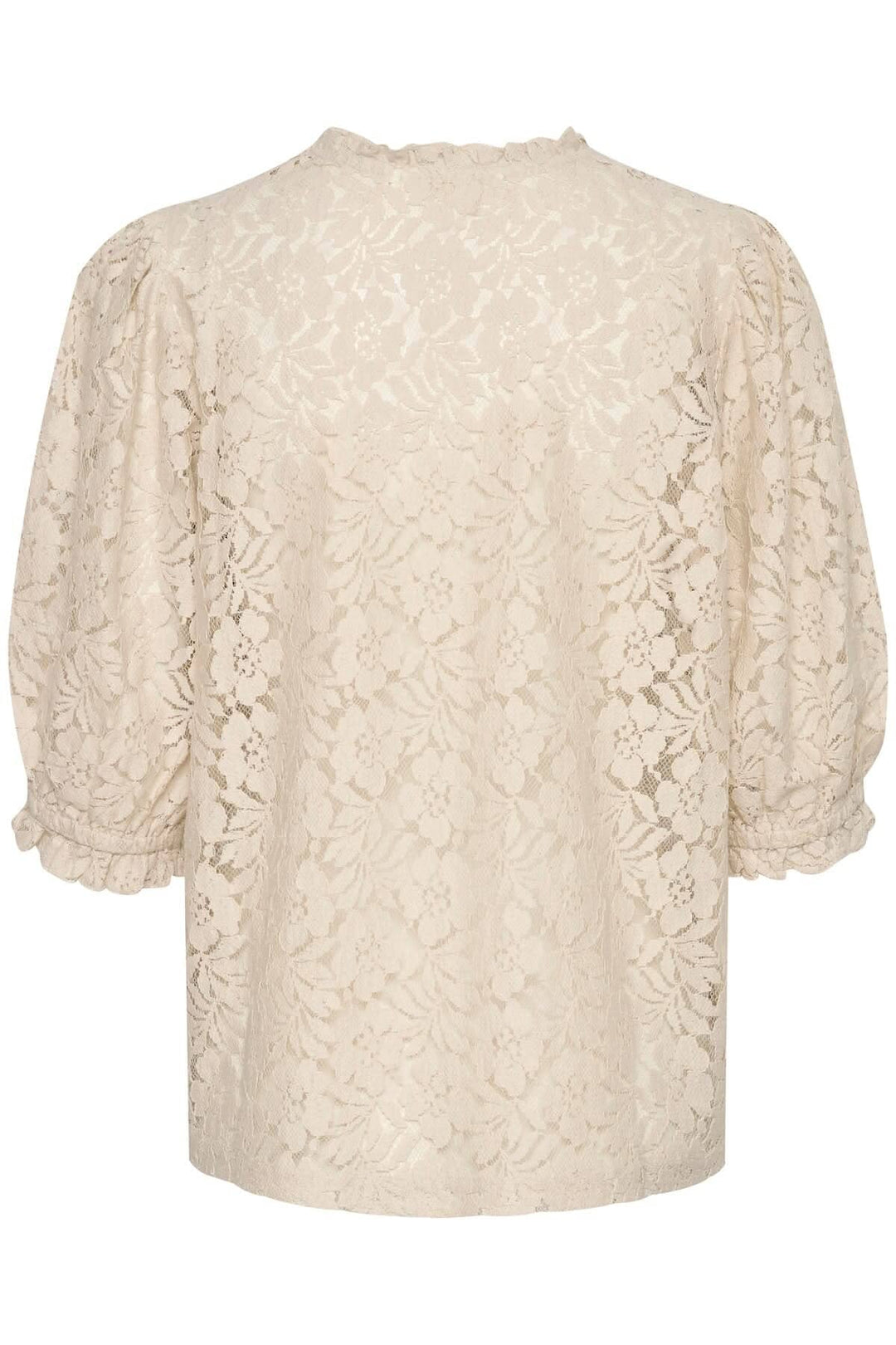 Blouse de Kaspis en dentelle beige, coupe A, manches courtes, finition sophistiquée, idéale pour le travail ou les sorties.