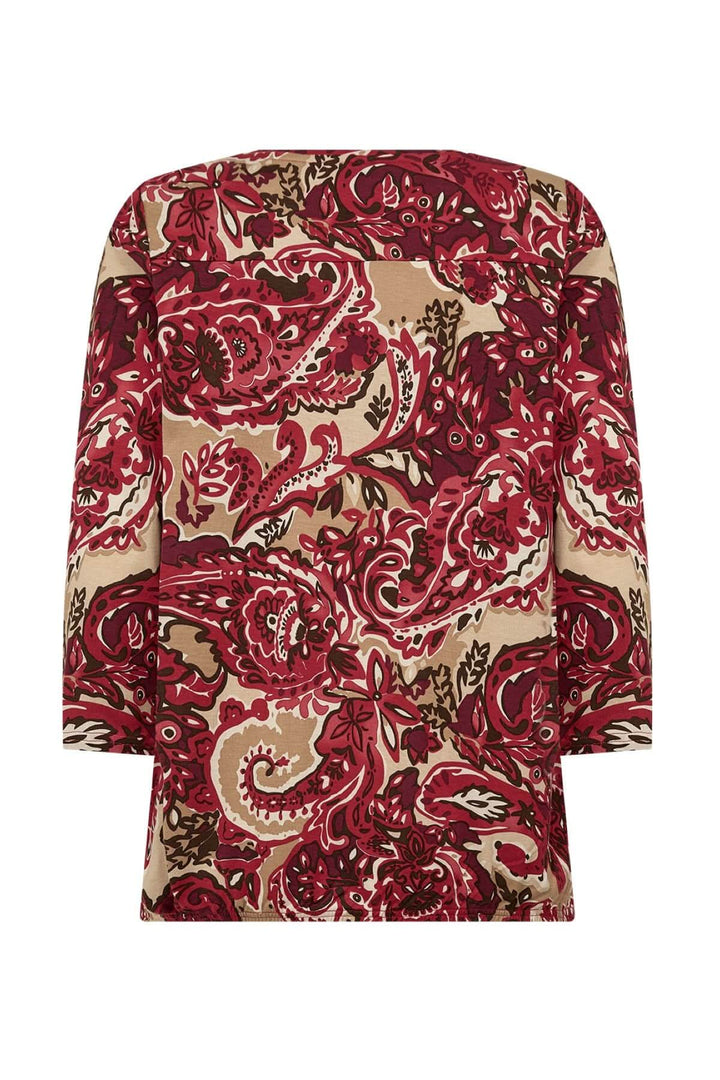 Blouse encolure en V avec motif floral rouge, manches 3/4, crée un look féminin et léger. Idéale pour style équilibré et romantique.
