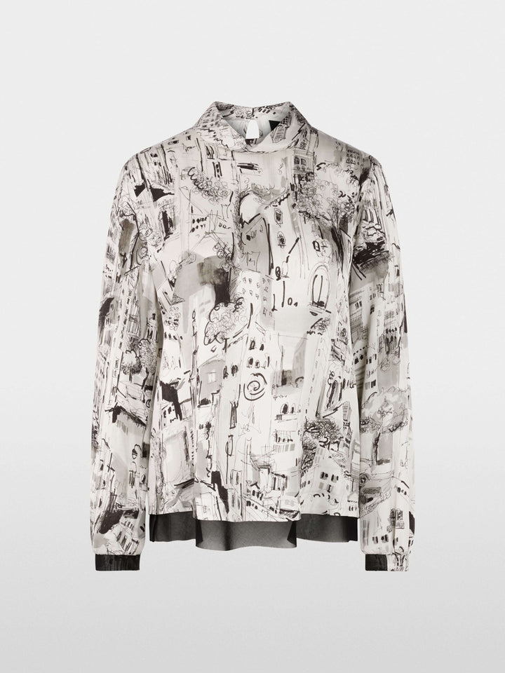 Blouse à imprimé CITY avec manches longues et motif graphique urbain, col montant délicat, idéale pour un look élégant et confortable.