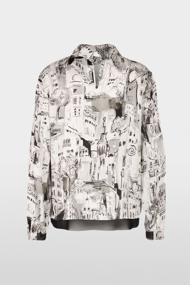 Blouse à imprimé CITY avec motif graphique urbain, manches longues et col montant, idéale pour un look élégant et moderne.