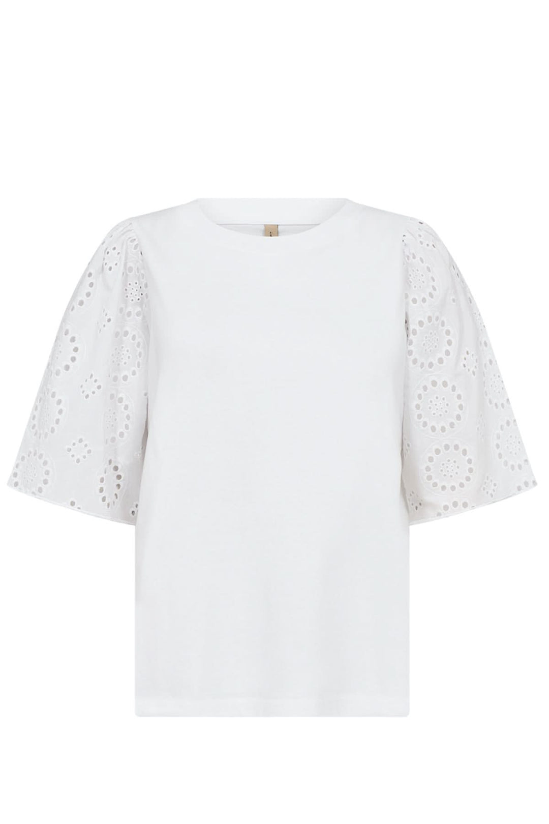 Blouse blanche à manches brodées en coton bio, coupe ample, encolure ronde, élégante pour un look moderne.
