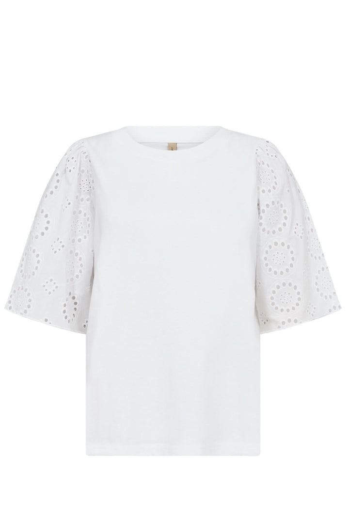 Blouse blanche à manches brodées en coton bio, coupe ample, encolure ronde, élégante pour un look moderne.
