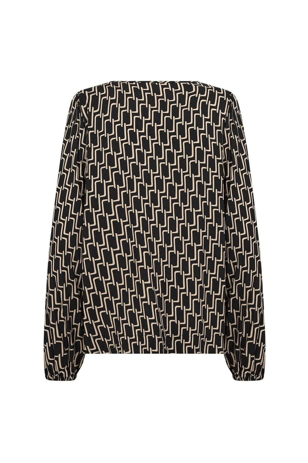 Blouse à motif graphique géométrique avec manches longues et silhouette fluide, couleur noire et beige.