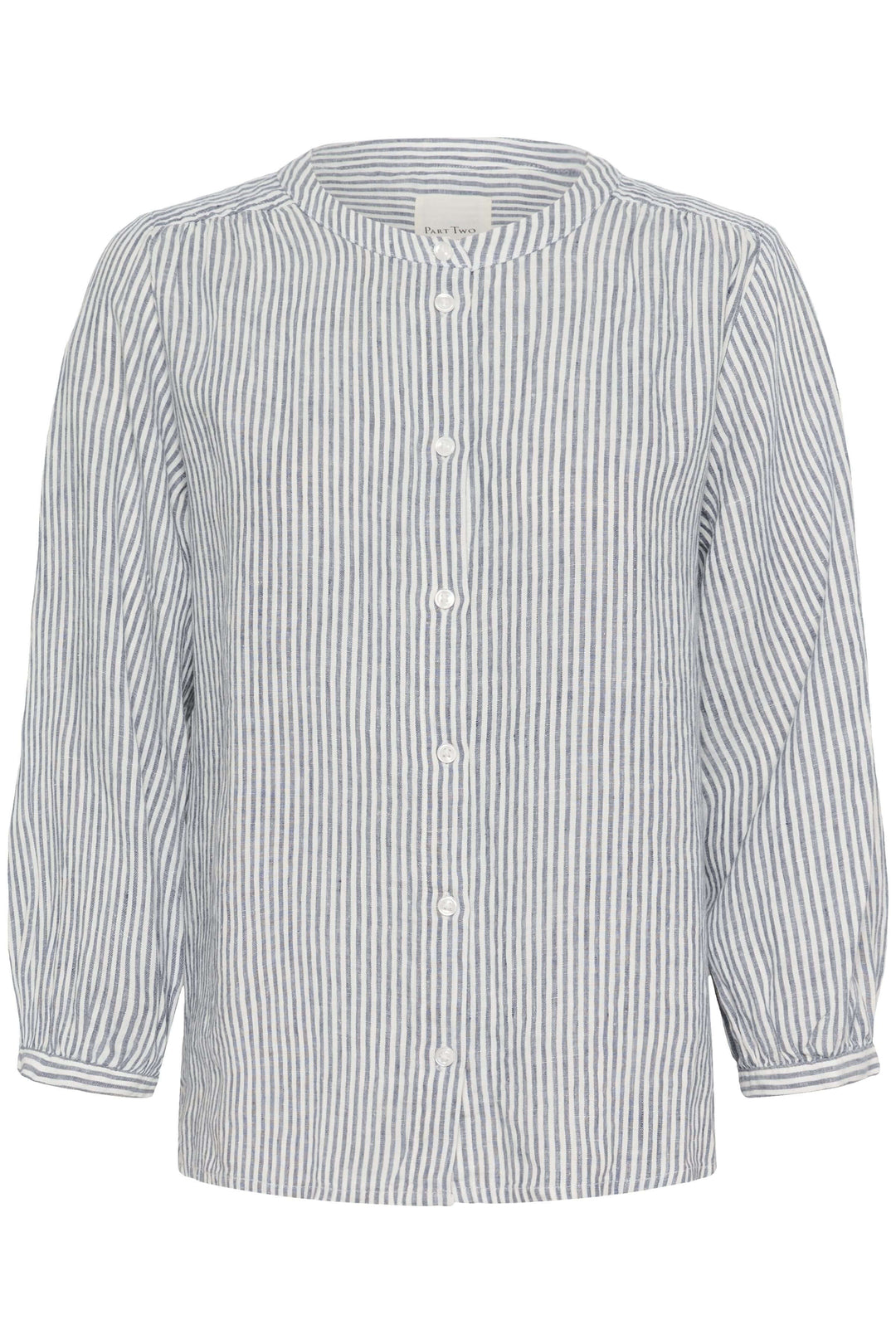 Blouse à rayures en lin avec col rond et manches trois quarts, idéale pour un look décontracté et élégant.
