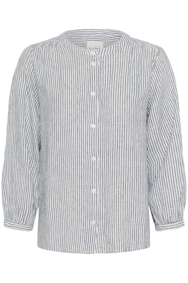 Blouse à rayures en lin avec col rond et manches trois quarts, idéale pour un look décontracté et élégant.