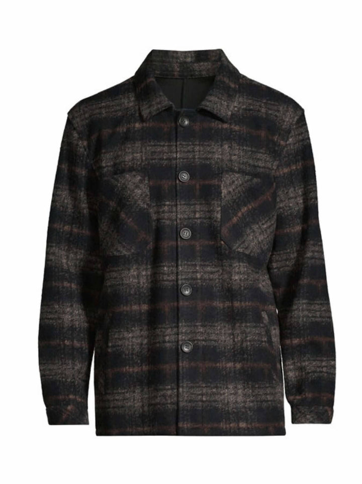 Blouson à bouton en mélange de laine et bambou, motif à carreaux, style élégant et polyvalent.