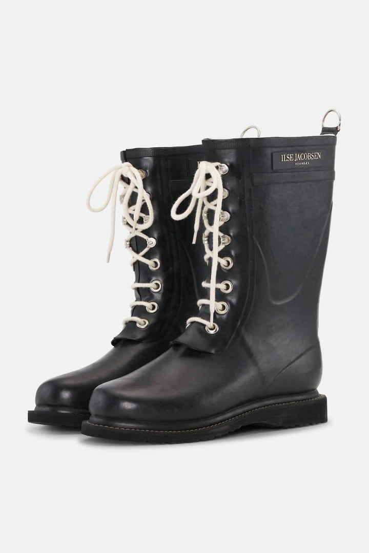 Bottes d’hiver imperméables à lacets en caoutchouc couleur noire avec laçage blanc, doublure chaude et semelle antidérapante.