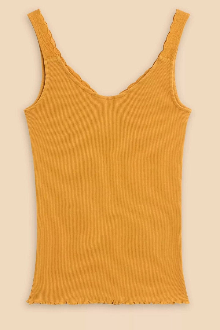 Camisole Seabreeze en coton côtelé jaune avec décolleté brodé et bretelles larges.