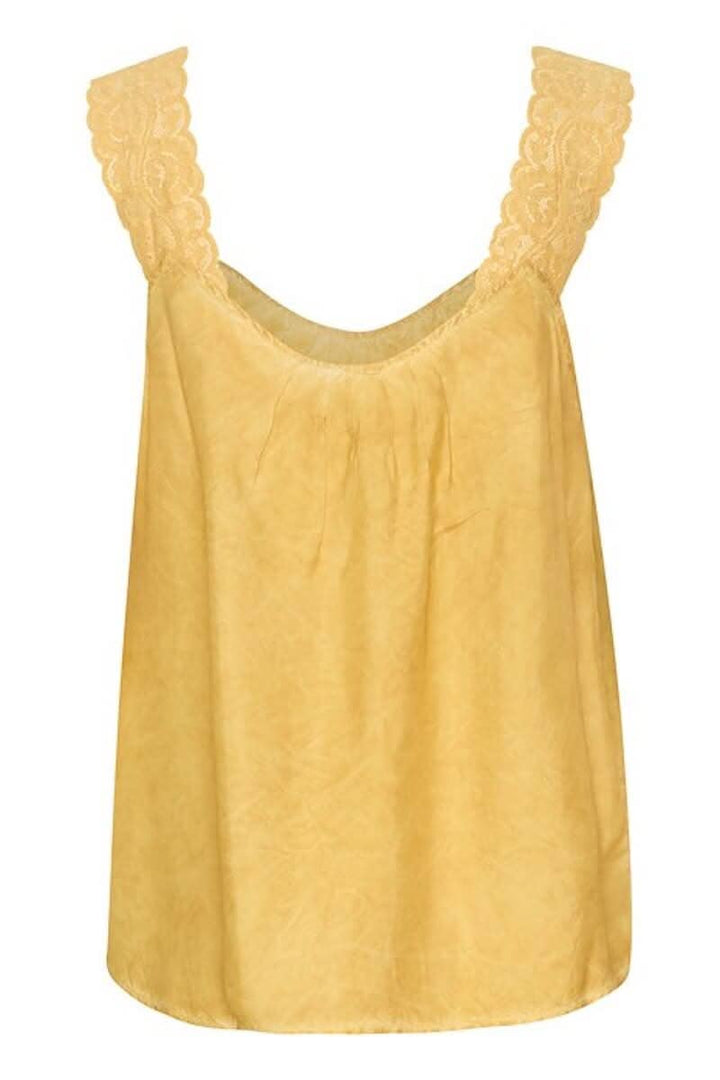 Camisole jaune avec dentelle, encolure ronde et coupe régulière, parfaite pour un look chic ou décontracté.