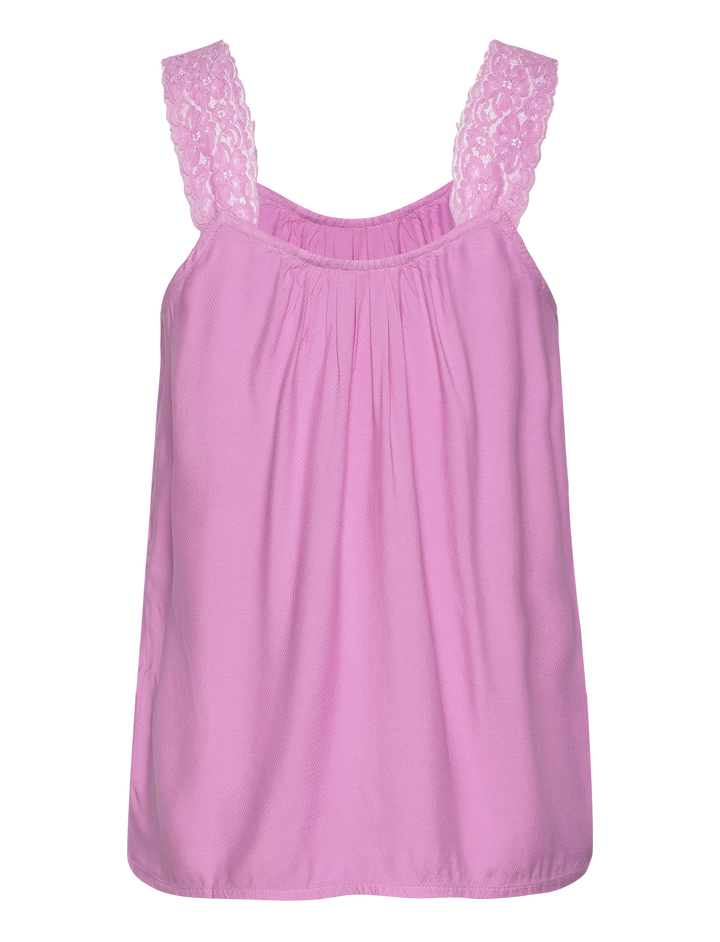 Camisole rose avec bretelles en dentelle, coupe régulière, idéale pour un look chic ou décontracté.