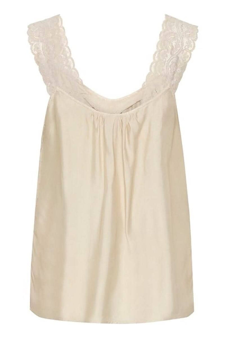 Camisole en viscose à bretelles en dentelle, coupe régulière, couleur ivoire, idéale pour un look chic ou décontracté.