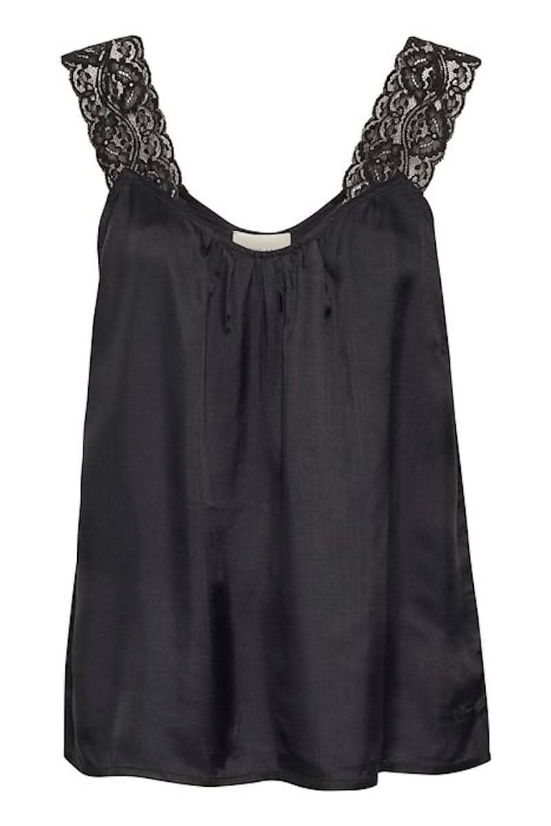 Camisole noire avec dentelle sur les bretelles, coupe régulière et encolure ronde, parfaite pour un look chic.