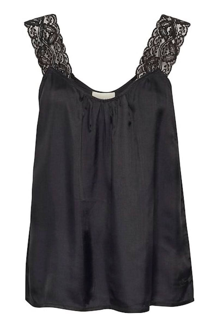 Camisole noire avec dentelle sur les bretelles, coupe régulière et encolure ronde, parfaite pour un look chic.