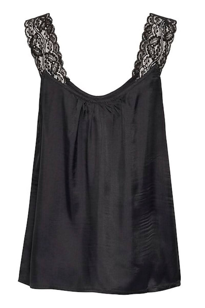 Camisole noire avec dentelle sur les bretelles et encolure ronde, parfaite pour un look chic ou décontracté.