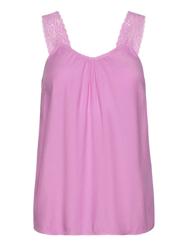 Camisole rose avec dentelle, encolure ronde, et bretelles larges. Pour un look chic ou décontracté.