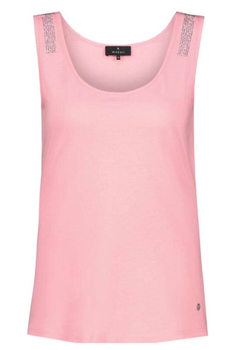 Camisole rose avec bretelles strass et encolure ronde, coupe régulière jusqu'aux hanches.