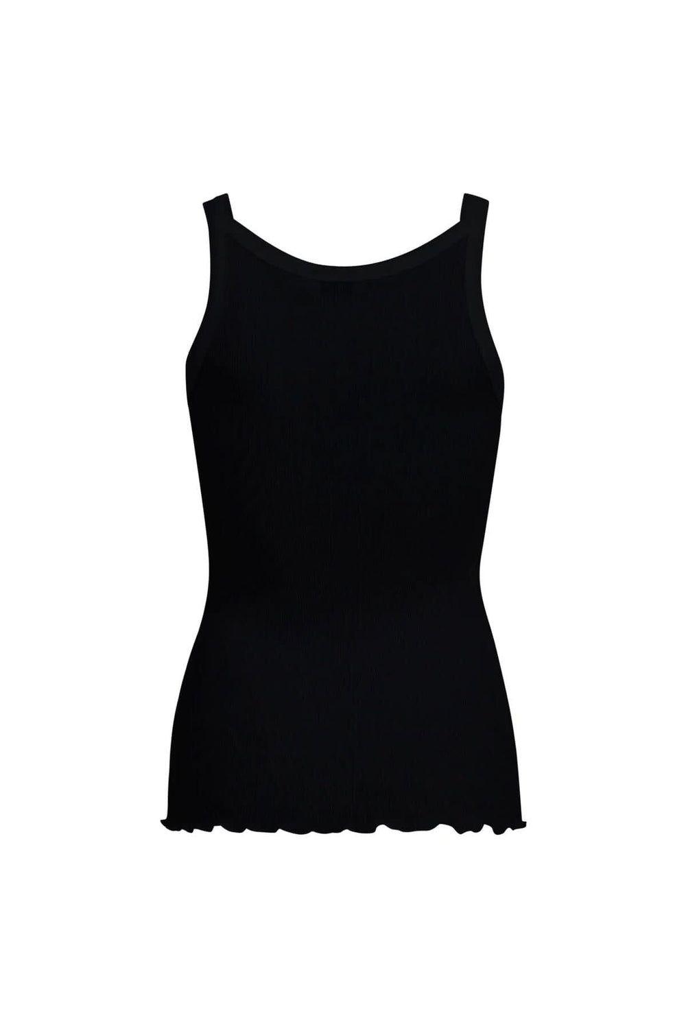 Camisole en soie noire à encolure ronde et bretelles droites, parfaite pour un style élégant.