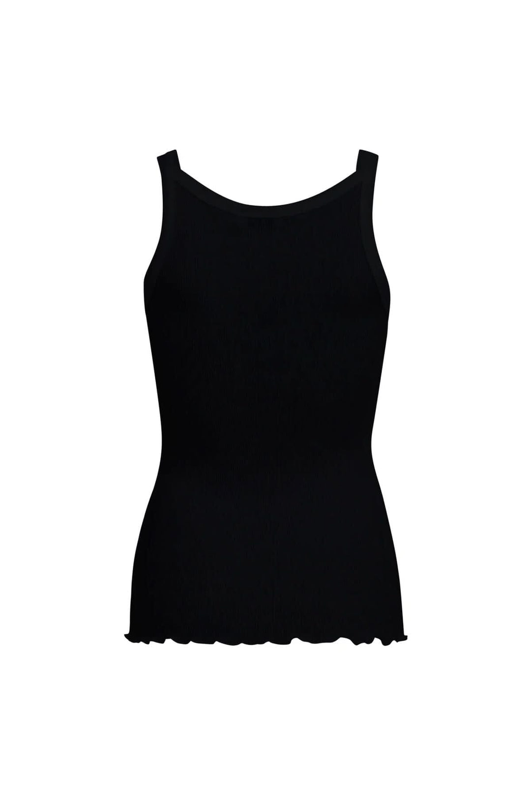 Camisole en soie noire à encolure ronde et bretelles droites, parfaite pour un style élégant.