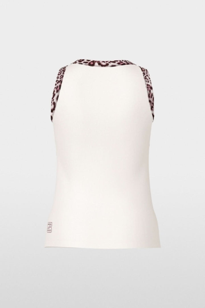 Camisole à imprimé léopard en coton côtelé avec bordures motif léopard, vue de dos montrant le design élégant et ajusté.