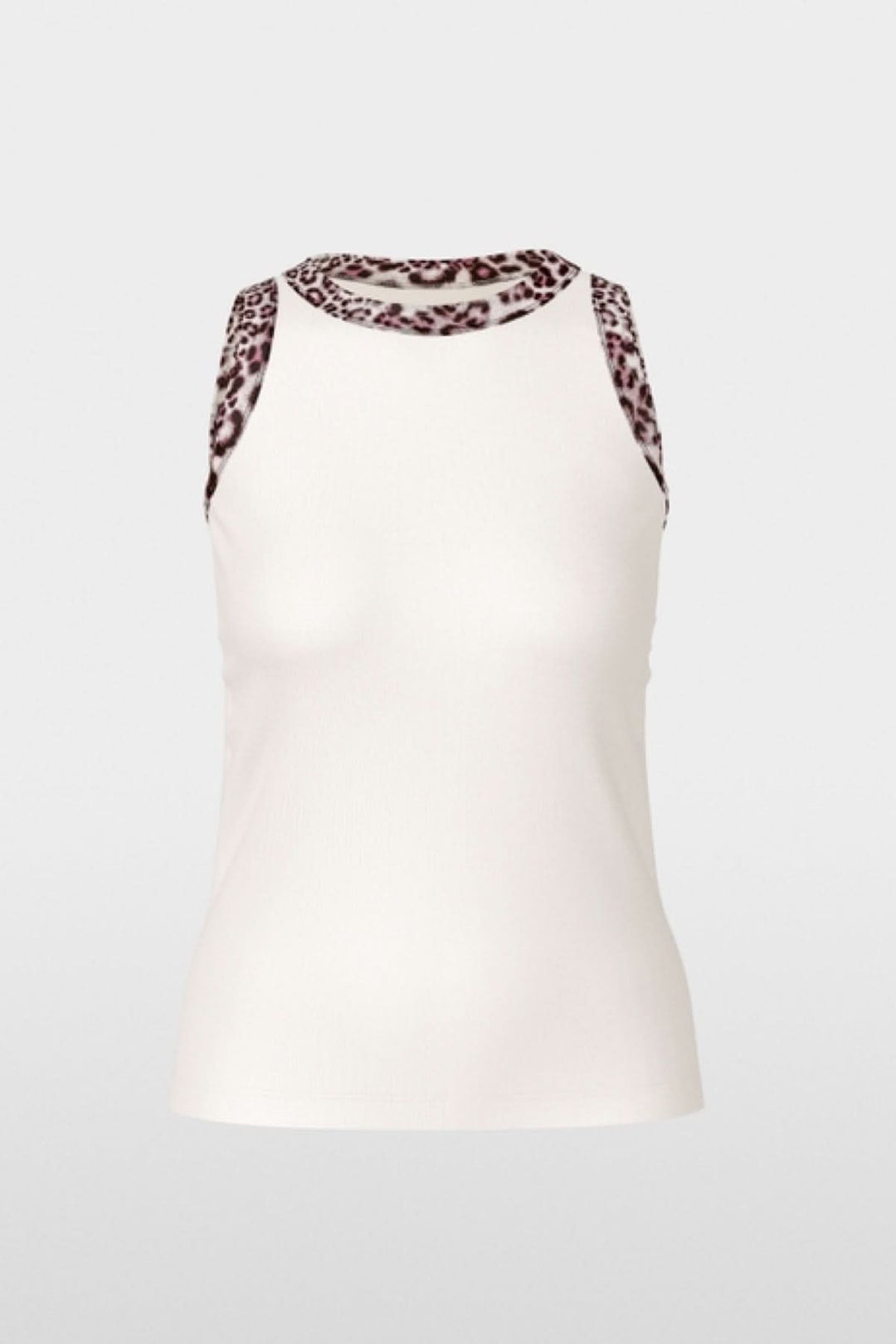Camisole à imprimé léopard en coton côtelé, sans manches, avec bordures léopard, pour un style basique et original.