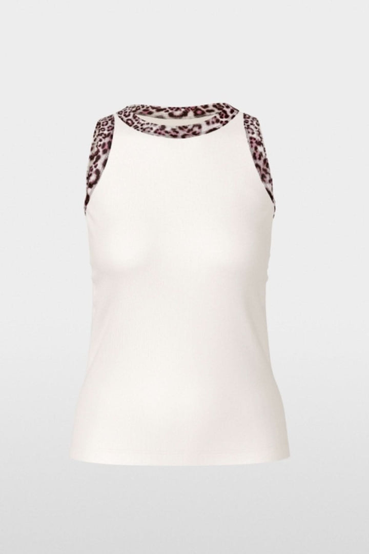 Camisole à imprimé léopard en coton côtelé, sans manches, avec bordures léopard, pour un style basique et original.