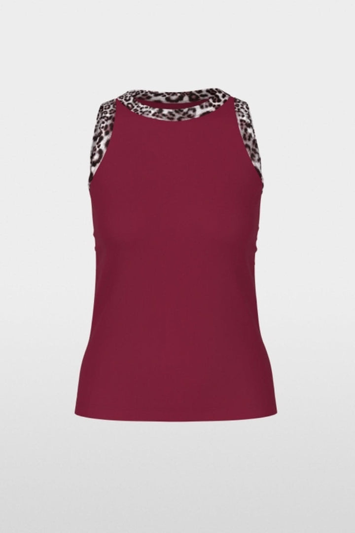 Camisole à imprimé léopard en coton côtelé rouge pour femmes, coupe près du corps, avec bordures motif léopard.