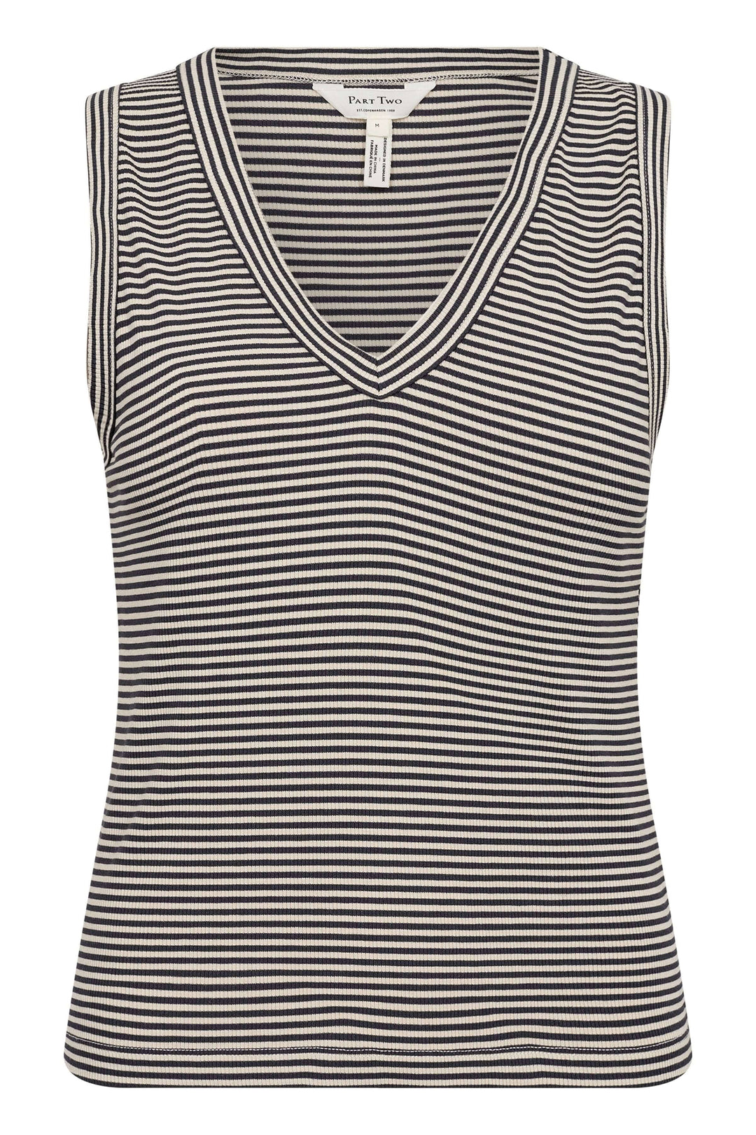Camisole rayée Nikkia à encolure en V, sans manches, en maille extensible, offrant confort et style.