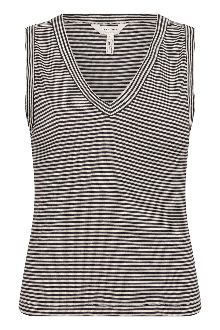 Camisole rayée Nikkia à encolure en V, sans manches, en maille extensible, offrant confort et style.