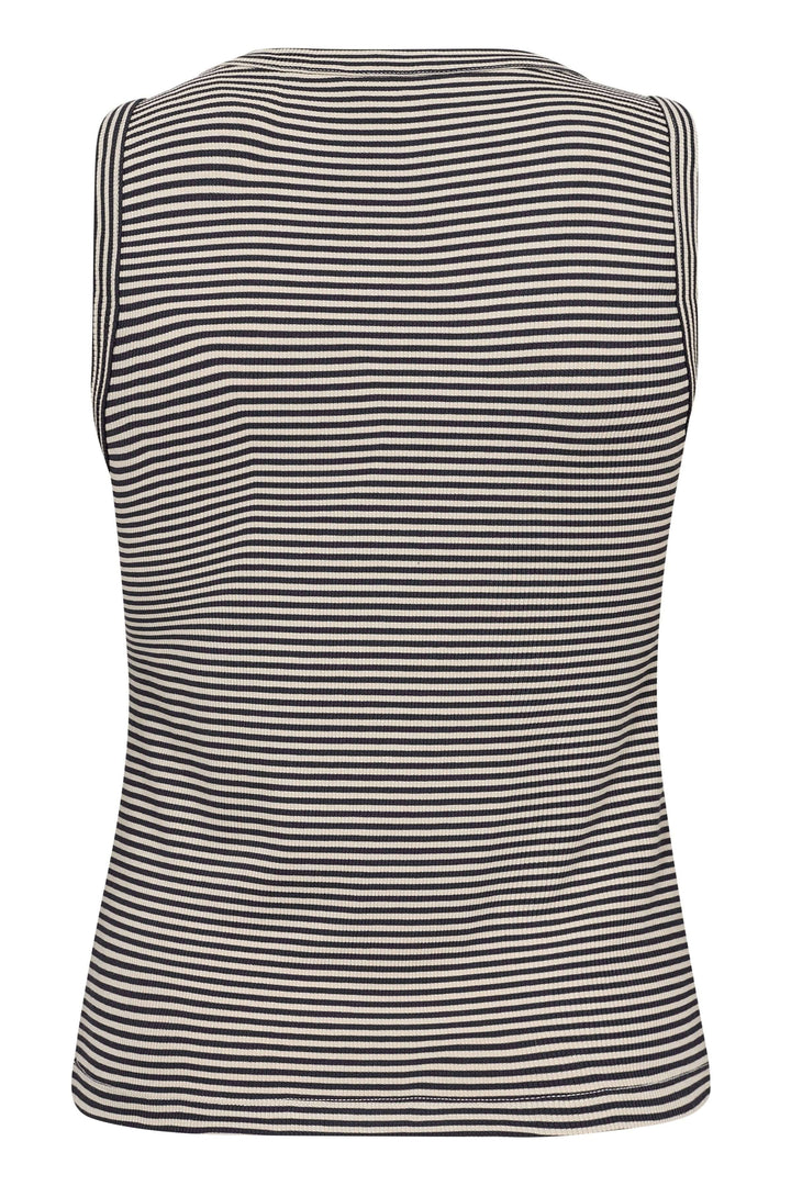 Camisole rayée Nikkia en maille extensible, dos, encolure ronde, sans manches, coupe ajustée.
