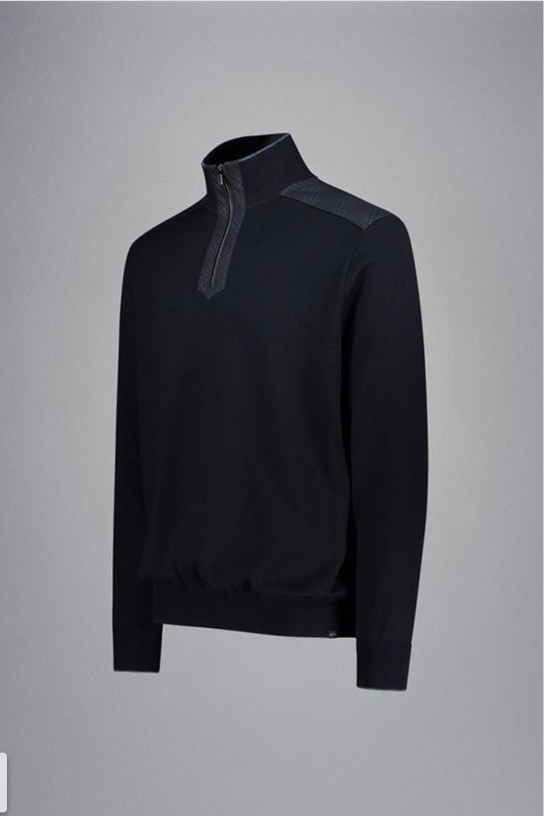 Chandail demi-zippé en laine imperméable Loro Piana®, tissu haut de gamme, couleur marine, style élégant pour l'automne.