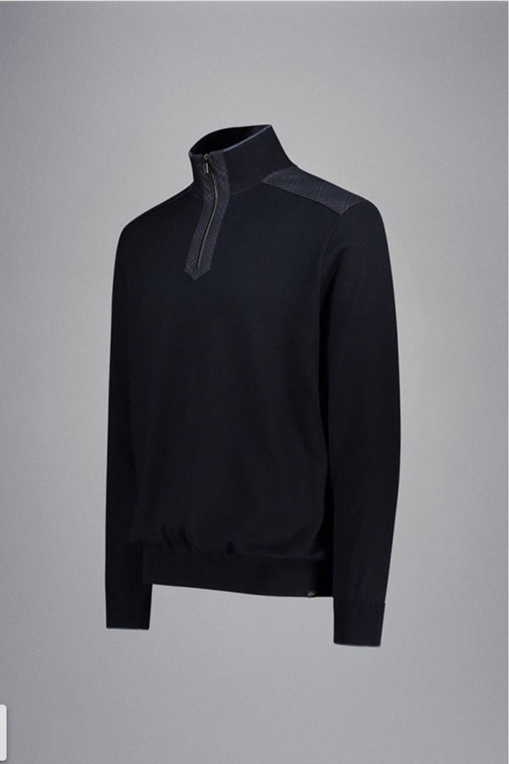Chandail demi-zippé en laine imperméable Loro Piana®, tissu haut de gamme, couleur marine, style élégant pour l'automne.