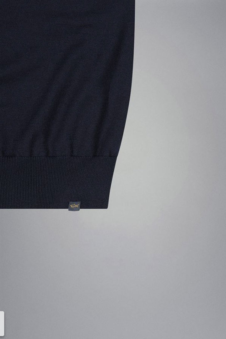 Bas du chandail demi-zippé en laine imperméable Loro Piana®, couleur marine, avec logo.