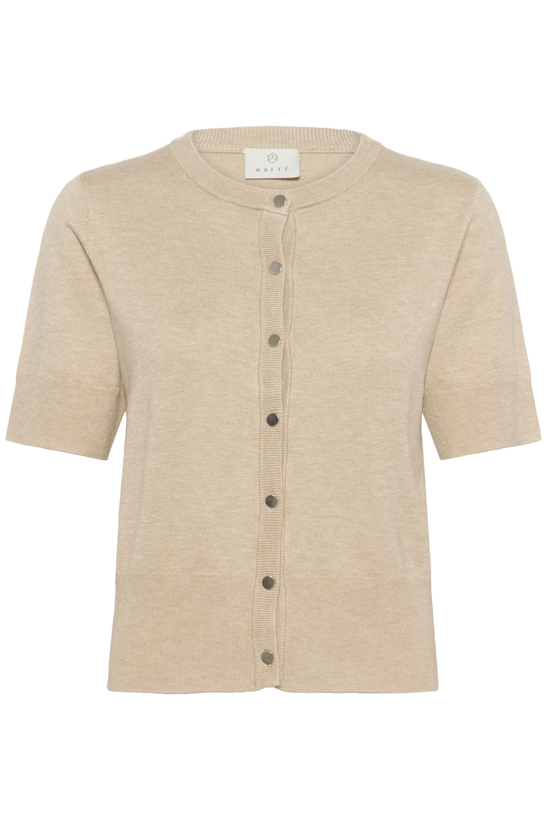 Cardigan Lizza à manches courtes, coupe ajustée, couleur beige, encolure ronde, idéal pour un look polyvalent et féminin.