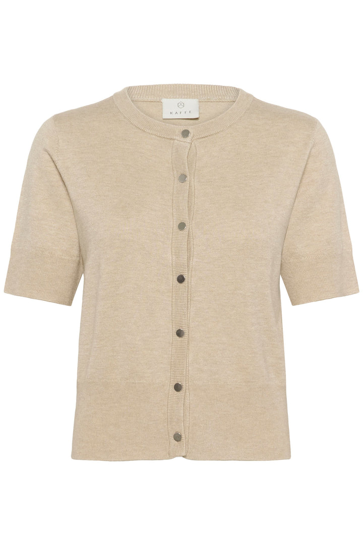 Cardigan Lizza à manches courtes, coupe ajustée, couleur beige, encolure ronde, idéal pour un look polyvalent et féminin.