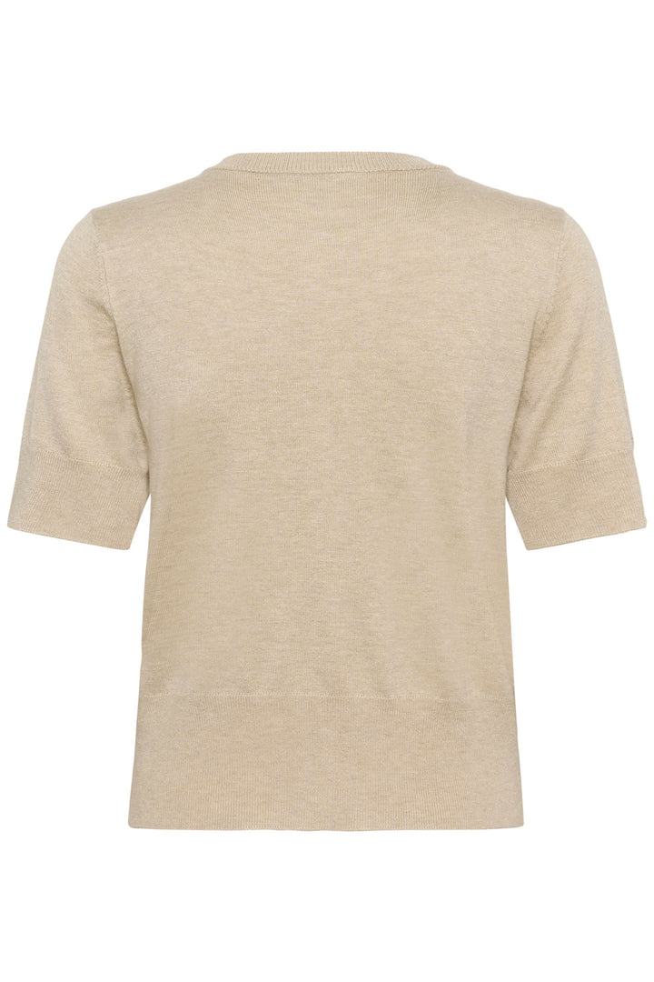 Dos du Cardigan Lizza à manches courtes, en maille fine, couleur beige, coupe ajustée, pour un look polyvalent et féminin.