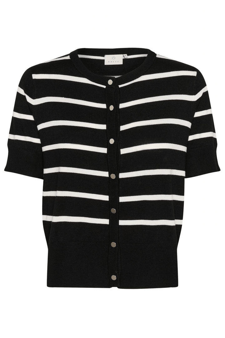 Cardigan Lizza noir et blanc à rayures, manches courtes, encolure ronde, boutons à l'avant.