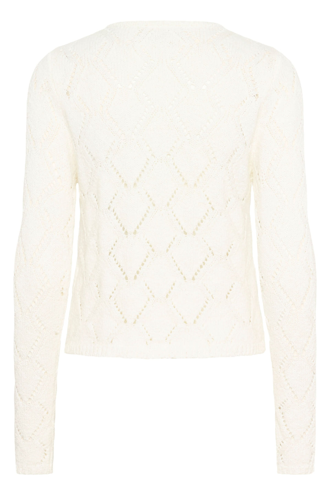 Cardigan Lorinia en maille ajourée blanc, silhouette féminine et élégante pour un style quotidien, vue de dos.